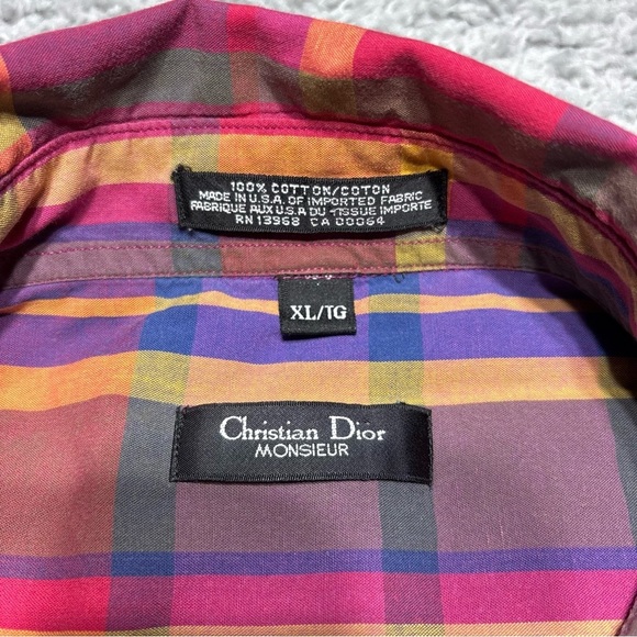 Christian Dior Shirt Mens Extra Large Button Up Plaid Short Sleeve Cotton Beach - Picture 3 of 5